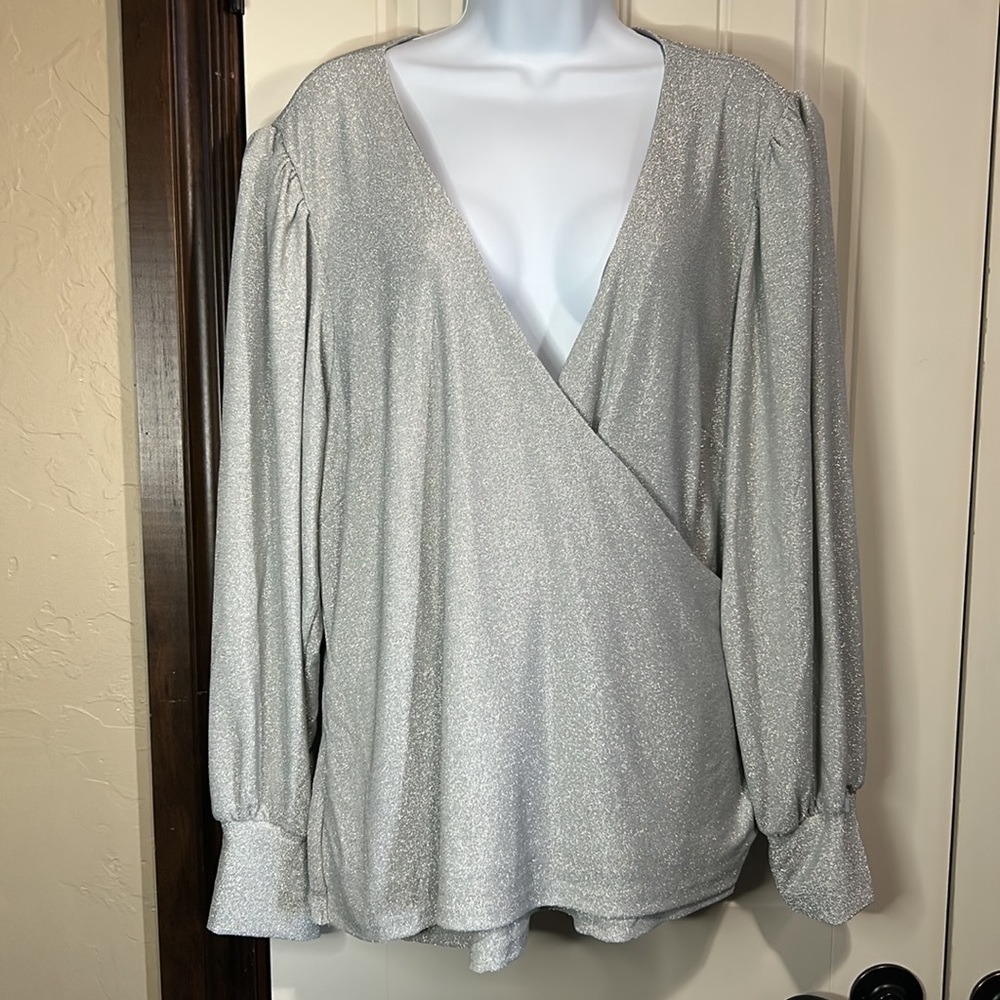 Plus Sized City Chic Silver Shimmer Wrap Blouse